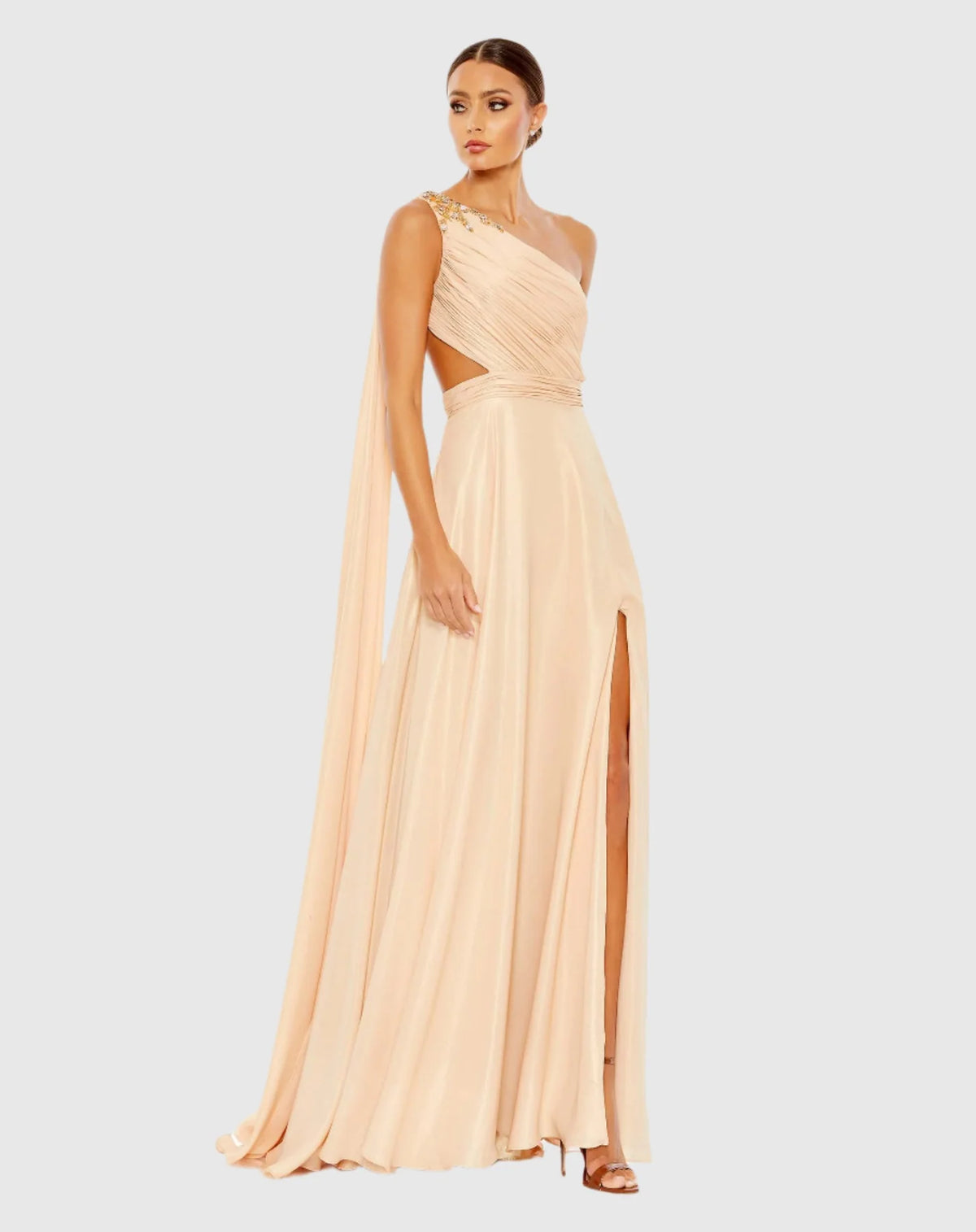 Mac Duggal, Grecian one shoulder open back dress, Nude #68053 