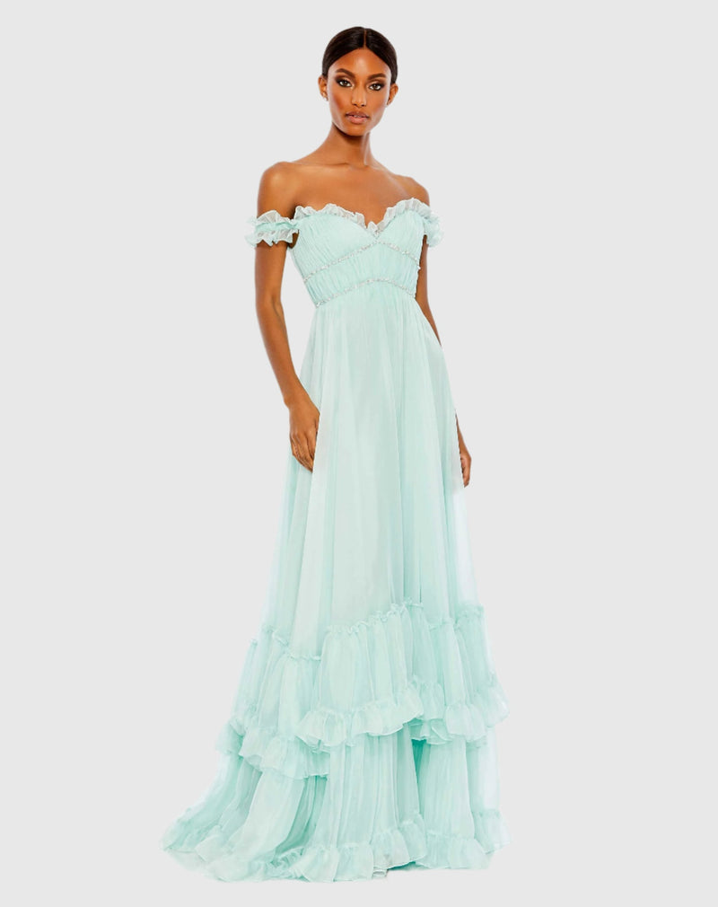 Mac Duggal #68086 Ruffle Tiered Babydoll Flowy Gown, Mint