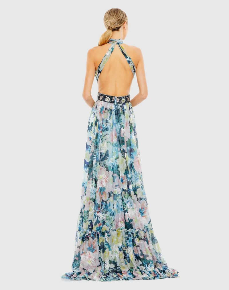 Floral Print Halter Cut Out Maxi Dress - Blue