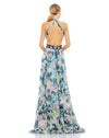 Mac Duggal, FLORAL HALTER A LINE GOWN W/ CUTOUTS AND EMBELLISHED BELT, Floral Print Halter Cut Out Maxi Dress - Blue, Style #68089 back view