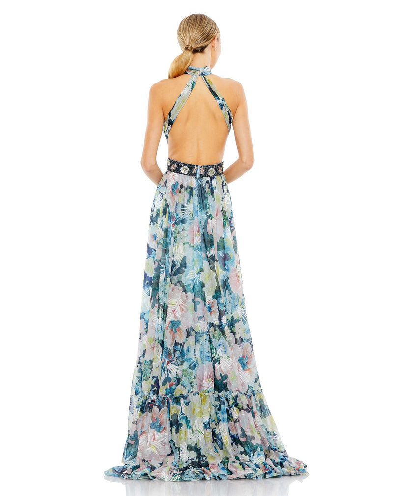 Mac Duggal, FLORAL HALTER A LINE GOWN W/ CUTOUTS AND EMBELLISHED BELT, Floral Print Halter Cut Out Maxi Dress - Blue, Style #68089 back view