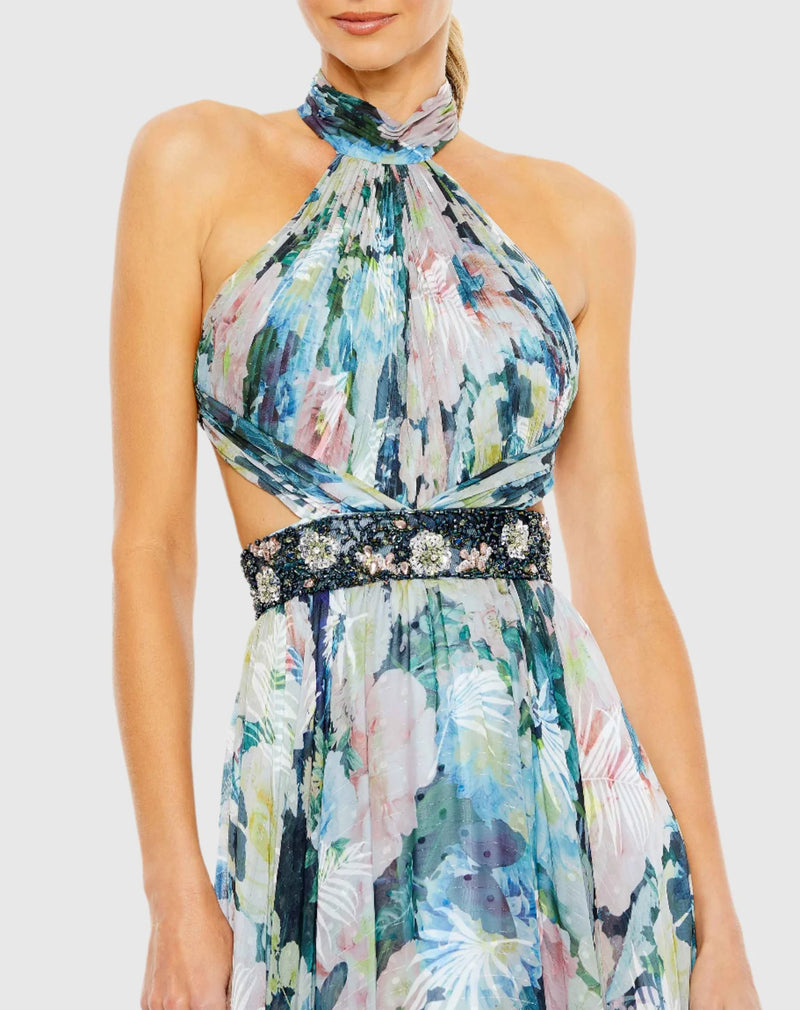 Floral Print Halter Cut Out Maxi Dress - Blue