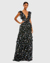 Mac Duggal, Floral ruffle A-line cap sleeve dress, Black  #68090