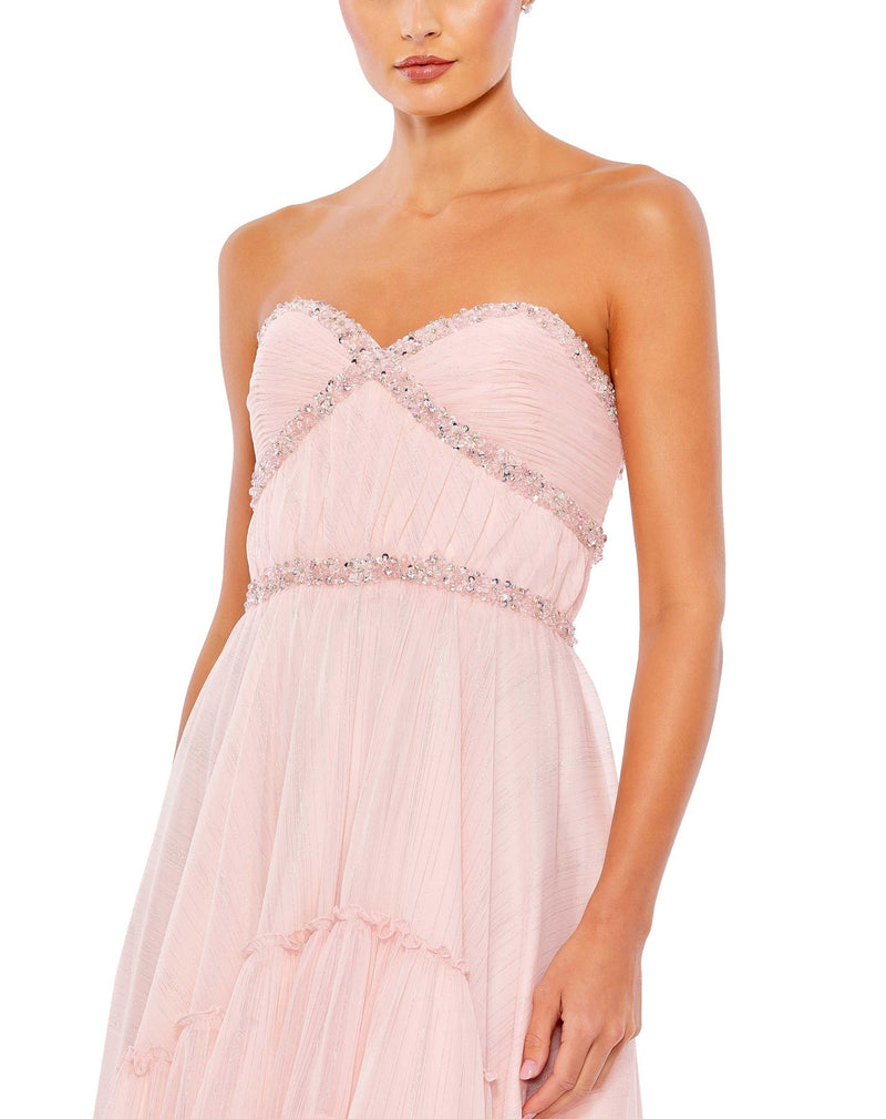 mac duggal, BEADED RUFFLE HIGH LOW GOWN, Style #68096, ice pink,  close up