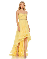 mac duggal, BEADED RUFFLE HIGH LOW GOWN, Style #68096, lemon yellow 