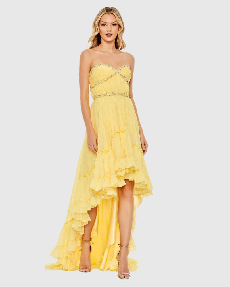 Mac Duggal, Asymmetric floral high-low dress - yellow  #68096