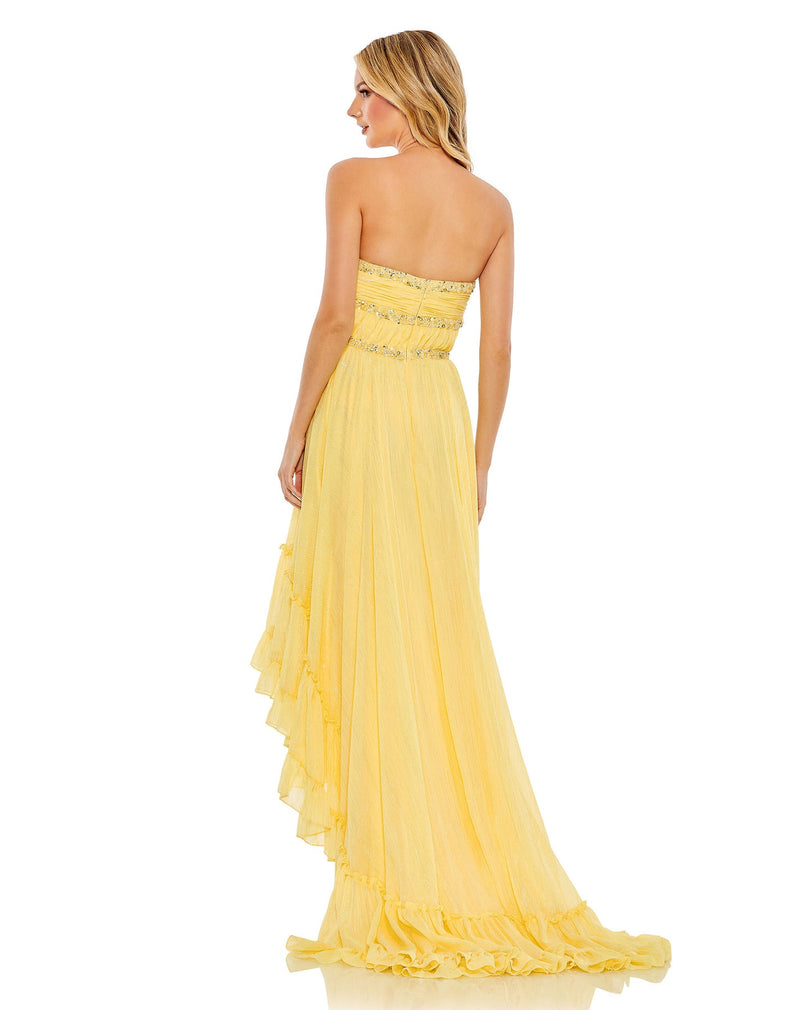  mac duggal, BEADED RUFFLE HIGH LOW GOWN, Style #68096, lemon yellow back view