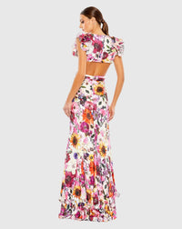 Floral print ruffle shoulder cut-out gown - White multi