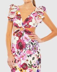 Floral print ruffle shoulder cut-out gown - White multi