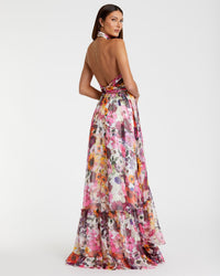 Asymmetrical ruffled halterneck floral gown - White