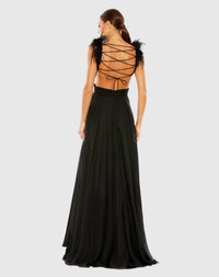 Black Plunge Ostrich Feather A Line Gown- Black