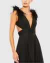 Black Plunge Ostrich Feather A Line Gown- Black