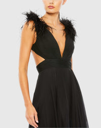 Black Plunge Ostrich Feather A Line Gown- Black