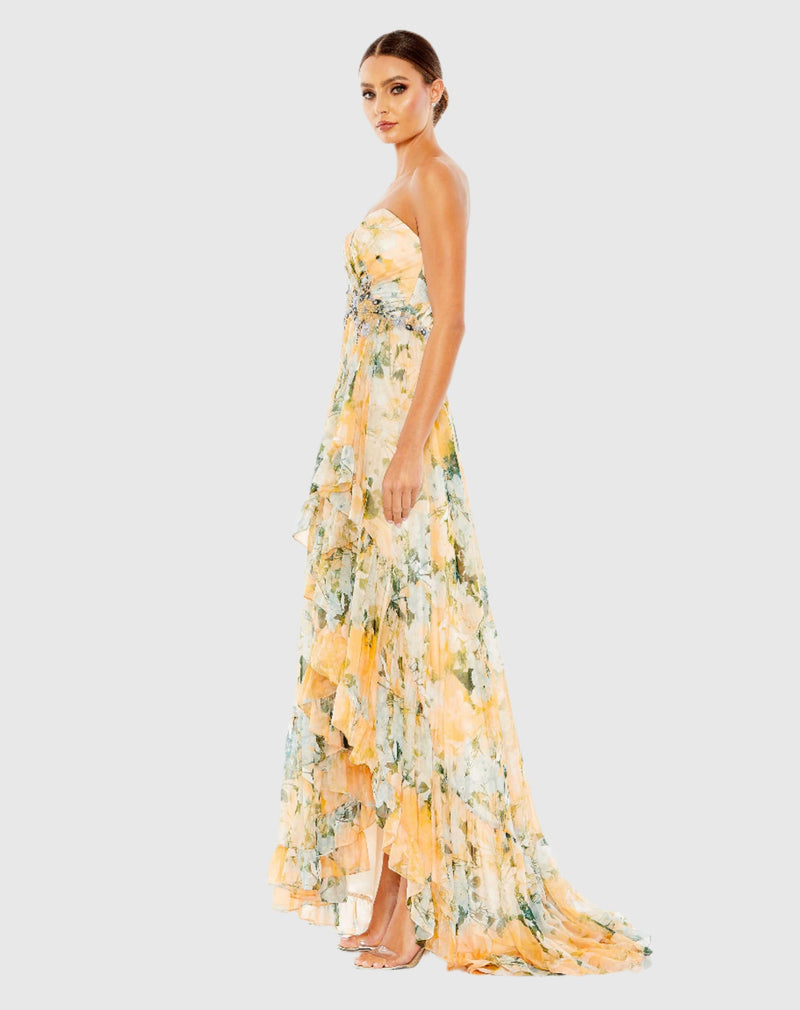 Ruffle asymmetric strapless summer dress - Yellow