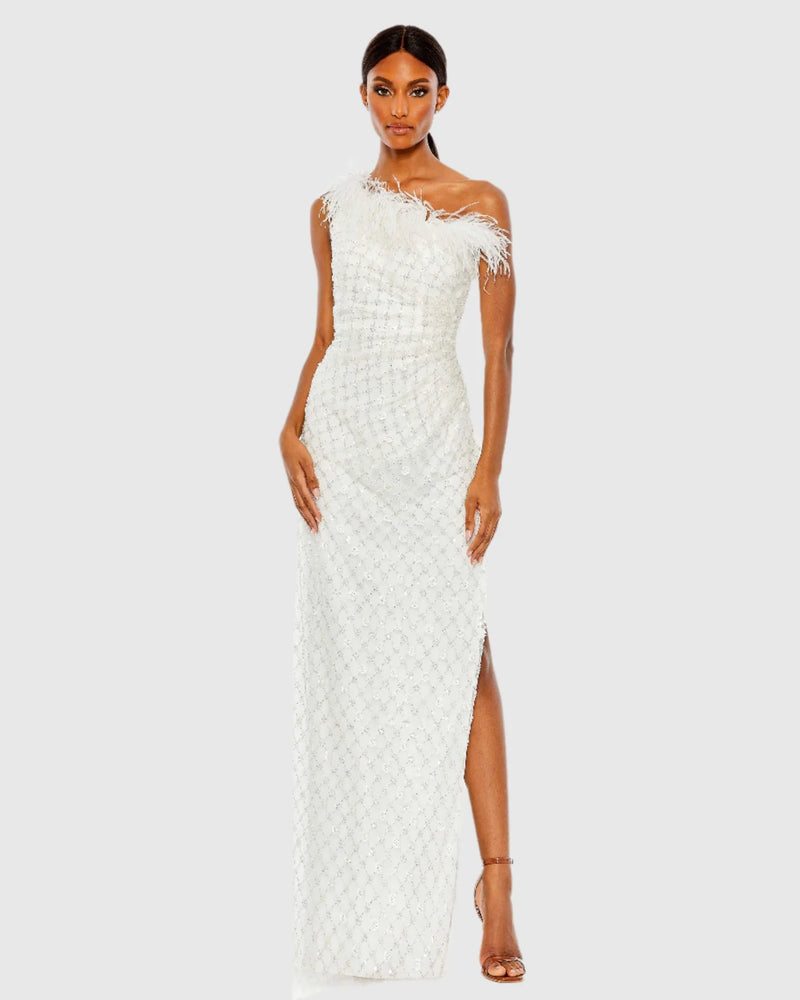 Mac Duggal, One shoulder gown with ostrich feathers, White #68139