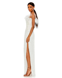 Mac Duggal Style #68139 Embellished one shoulder gown with ostrich feathers - White side