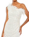 Mac Duggal Style #68139 Embellished one shoulder gown with ostrich feathers - White close up