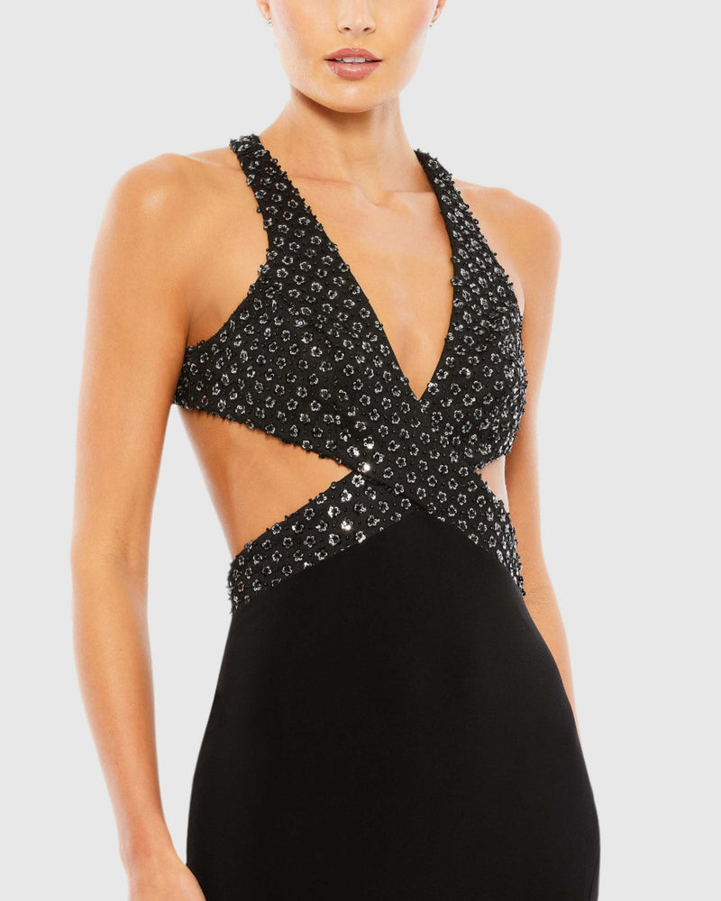 Floral sequin criss-cross bodice gown - Black