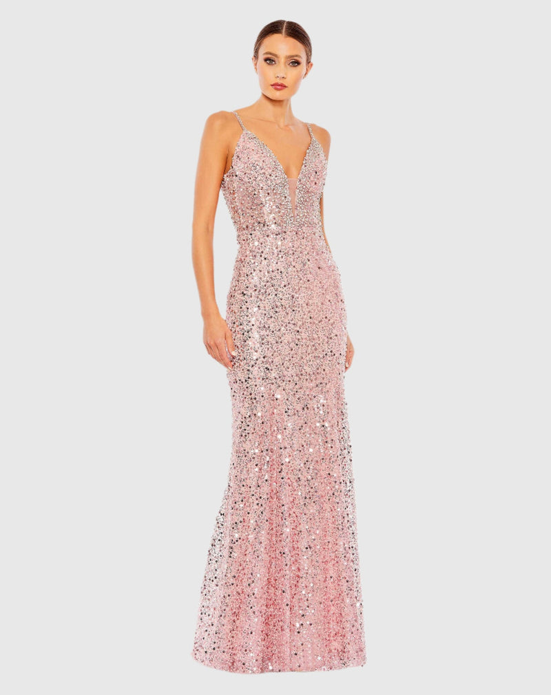 Mac Duggal, Embellished plunge neck sleeveless trumpet gown - Rose Pink #68175