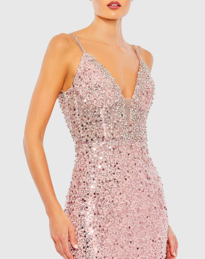 Embellished plunge neck sleeveless trumpet gown - Pink