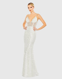 Mac Duggal White Embellished Plunge Neck Sleeveless Trumpet Gown #68175 White