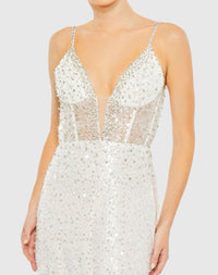 Embellished plunge neck sleeveless trumpet gown - White