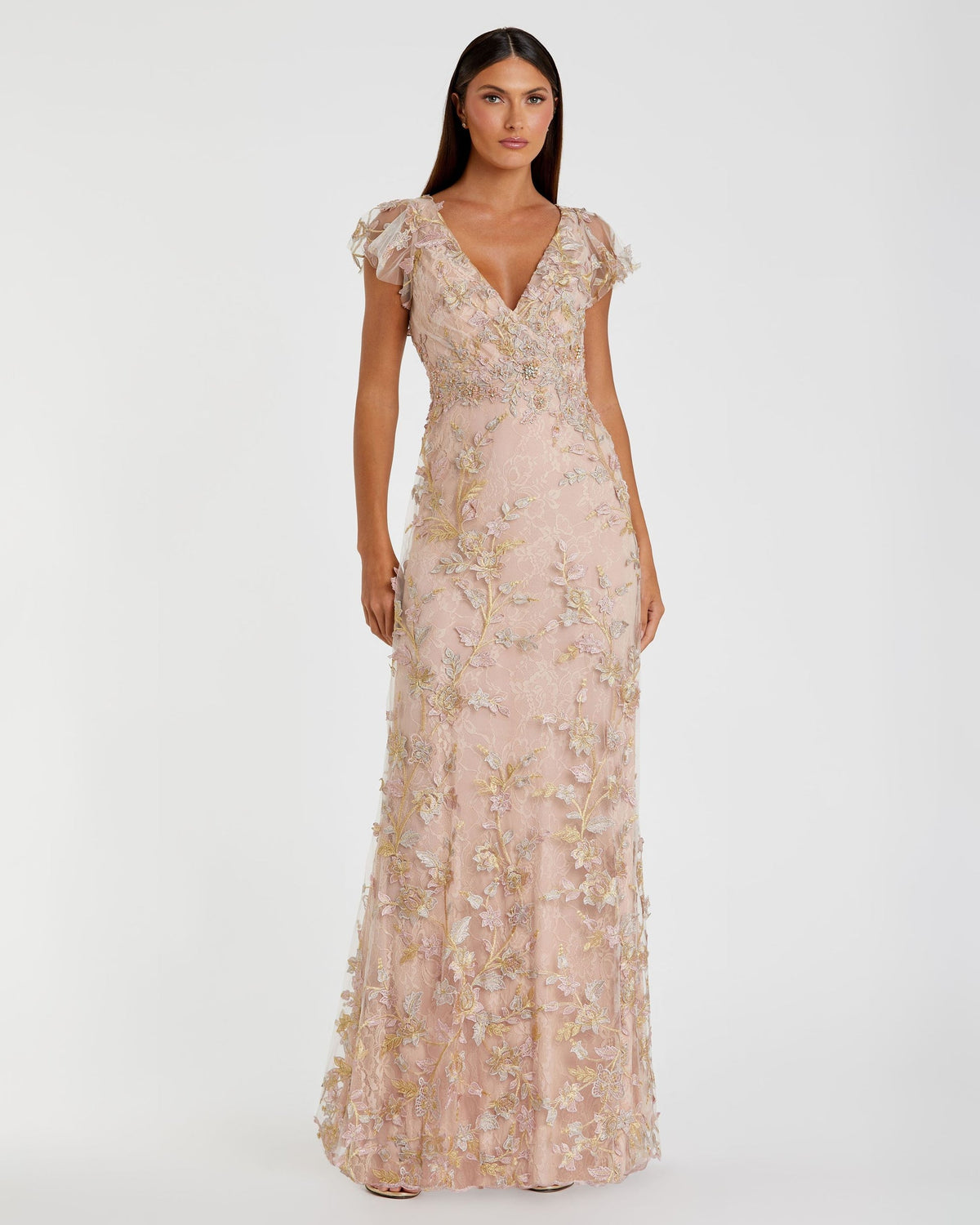 Mac Duggal Bridesmaids Dress Pink Embroidered Applique Wrap Over Flutter Sleeve Gown Rose Gold #68192