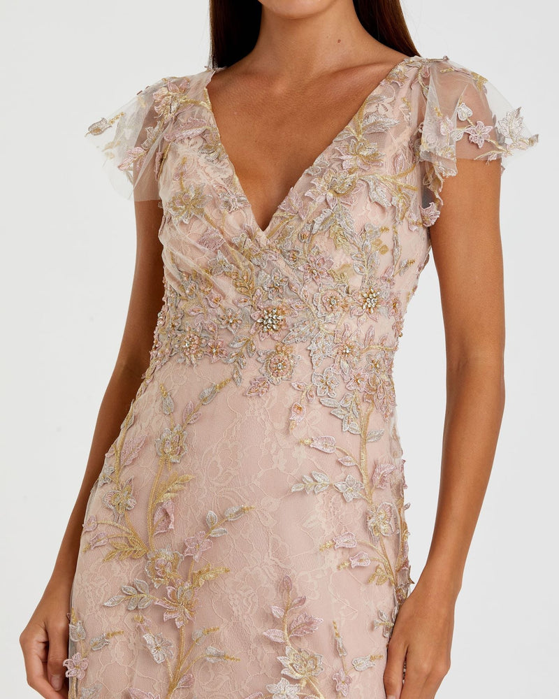 Embroidered Applique Sleeve Gown - Rose Gold