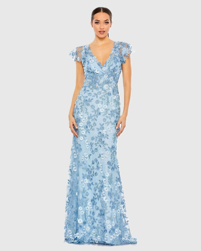 Mac Duggal Bridesmaids Dress Pink Embroidered Applique Wrap Over Flutter Sleeve Gown Blue #68192 