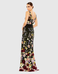 Floral Embroidered Tulle Evening Gown - Black