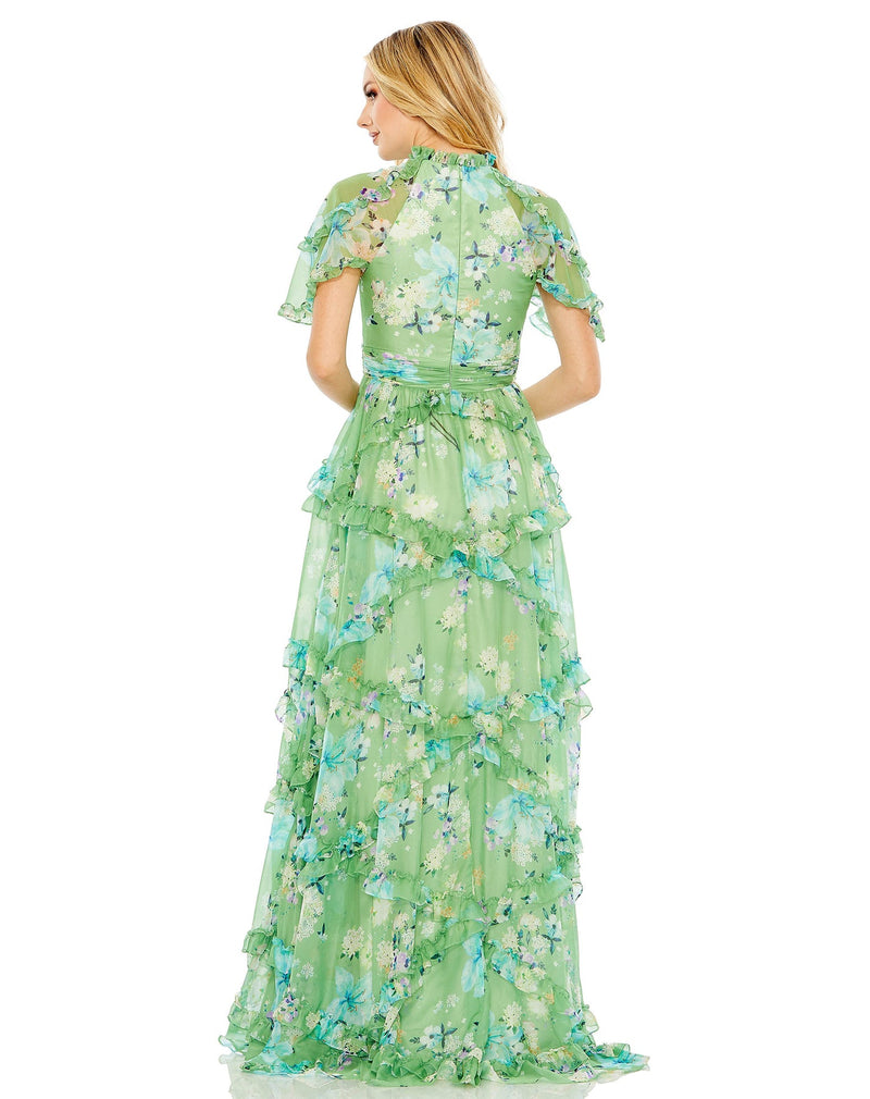 mac duggal, floral print maxi dress, FLORAL PRINT CHIFFON CASCADING RUFFLE RAGLAN GOWN, Style #68216 back view