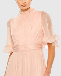 Ruffled Mock Neck Sleeve High Low Modest Gown - Blush