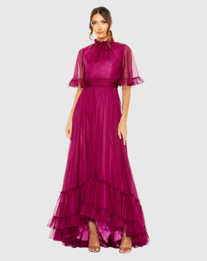 Ruffled Mock Neck Sleeve High Low Modest Gown - Raspberry