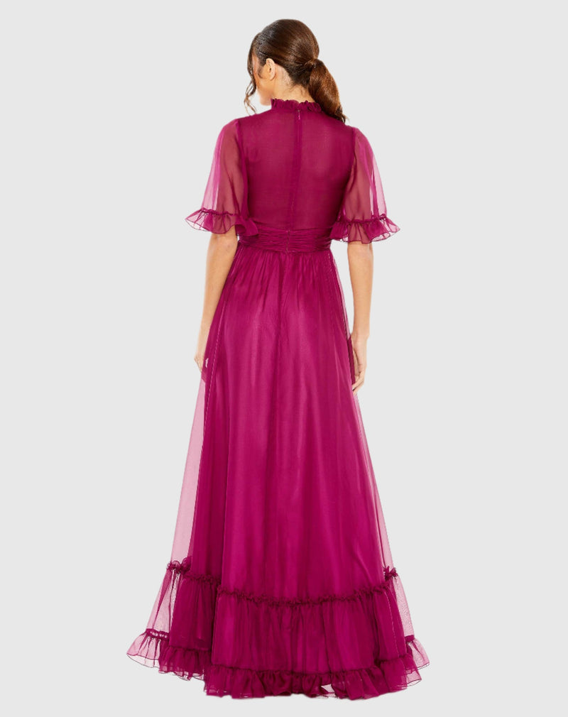 Ruffled Mock Neck Sleeve High Low Modest Gown - Raspberry