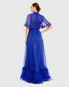 Ruffled Mock Neck Sleeve High Low Modest Gown - Sapphire