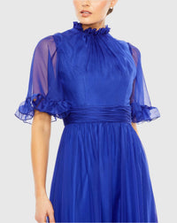 Ruffled Mock Neck Sleeve High Low Modest Gown - Sapphire