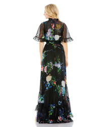 mac duggal, FLORAL PRINT RUFFLED HIGH NECK FLUTTER SLEEVE MODEST GOWN, Style #68230, black 