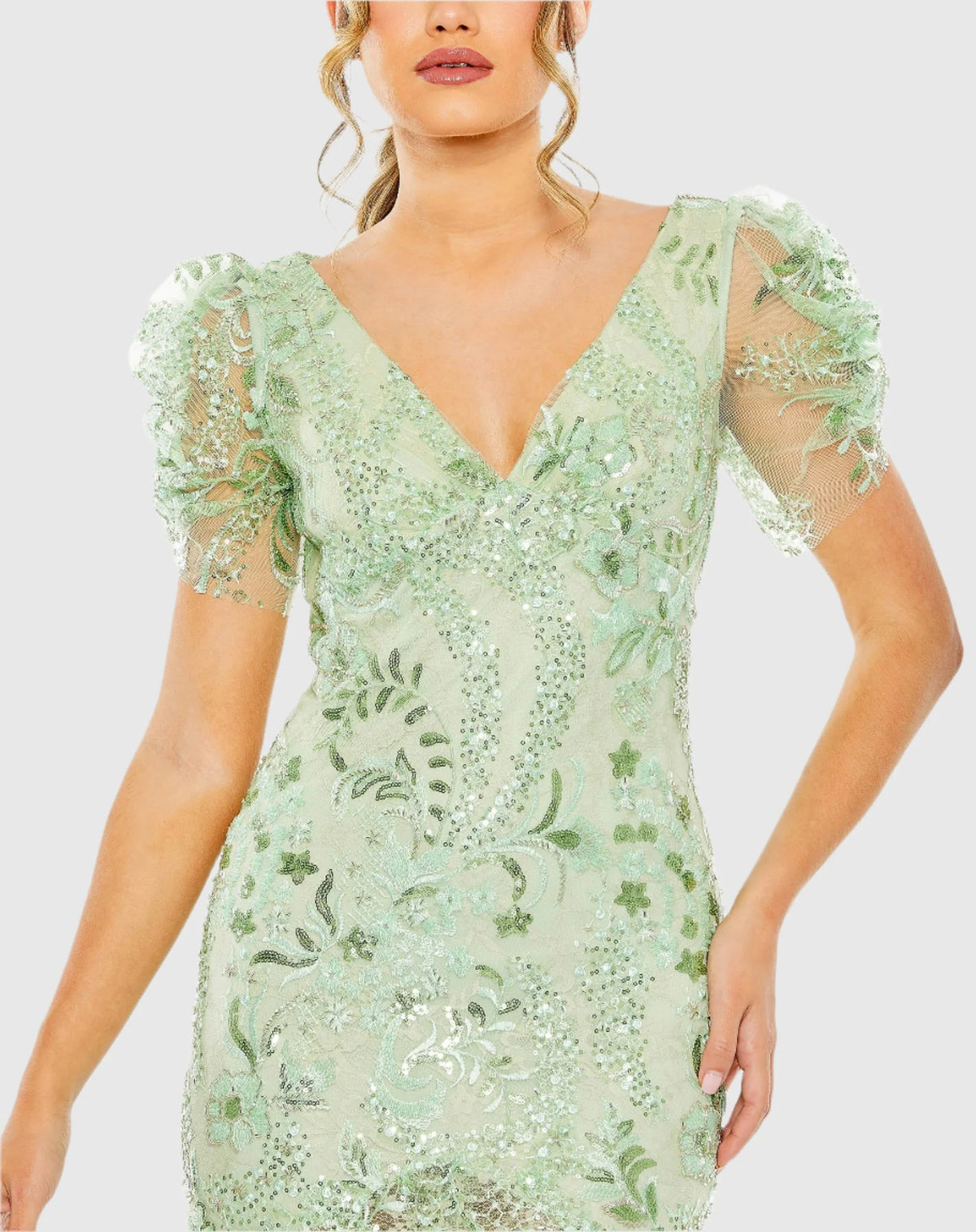 Puff Sleeve V Neck Floral Embellished Dress - Mint