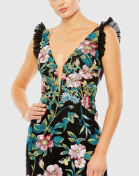 Embroidered Floral Plunge Neck Trumpet Gown - Black Multi