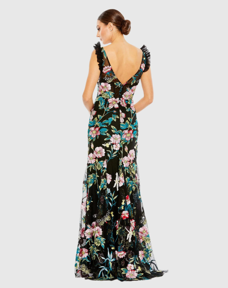 Embroidered Floral Plunge Neck Trumpet Gown - Black Multi