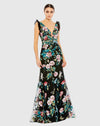 Mac Duggal #68273 Embroidered Floral Plunge Neck Trumpet Gown Black 