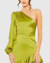 Charmeuse One Sleeve Ruffle Asymmetric Gown - Apple Green