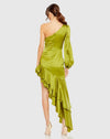 Charmeuse One Sleeve Ruffle Asymmetric Gown - Apple Green