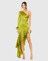 Mac Duggal #68330 Charmeuse One Sleeve Ruffle Asymmetric Gown - Apple Green