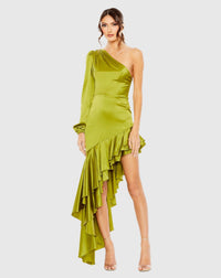 Mac Duggal #68330 Charmeuse One Sleeve Ruffle Asymmetric Gown - Apple Green