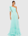 Mac Duggal  #68472 Tiered one shoulder ruched gown - Aqua