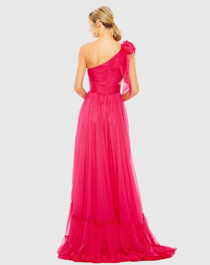 Tiered one shoulder ruched gown - Hot Pink