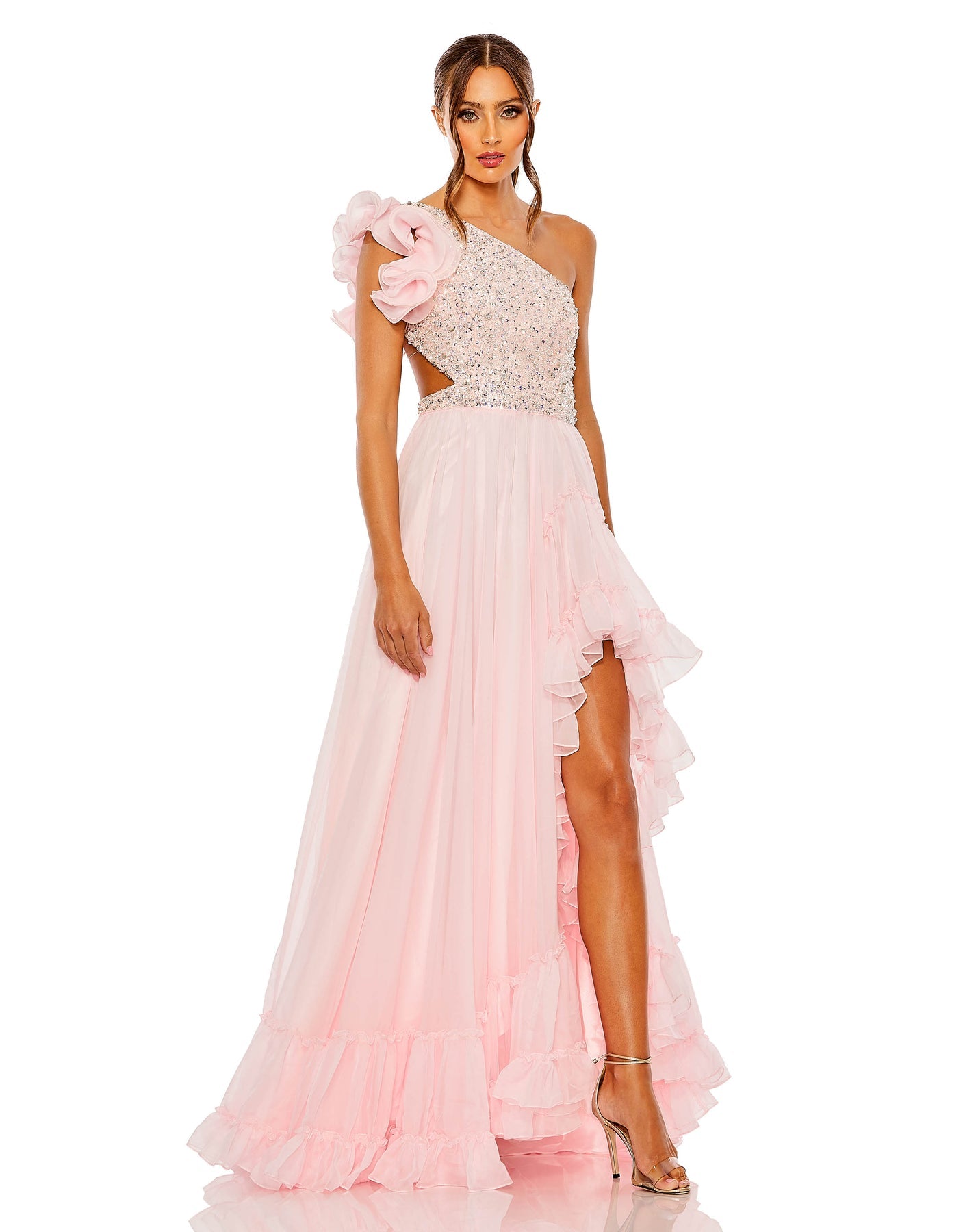 Mac Duggal Ruffled one shoulder embellished lace up gown Pink SHAIDE BOUTIQUE