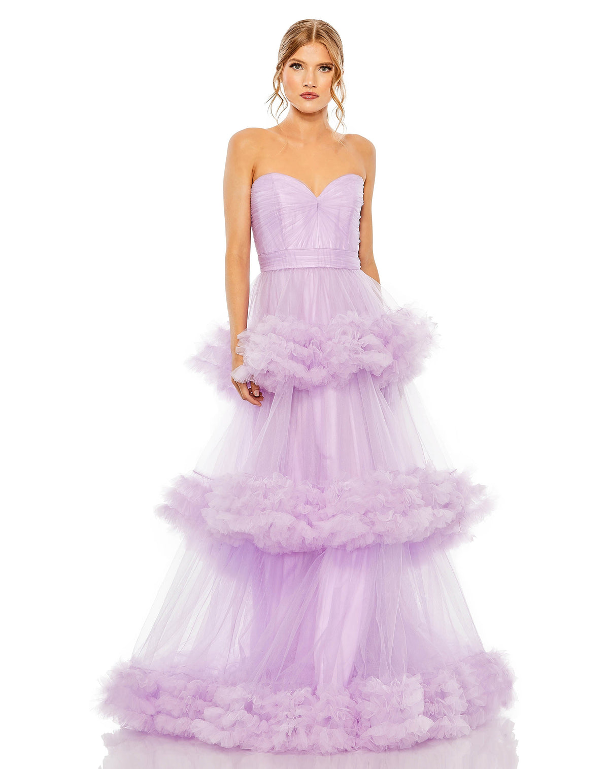 mac duggal, STRAPLESS RUFFLE TULLE TIERED GOWN, Style #68490, lilac