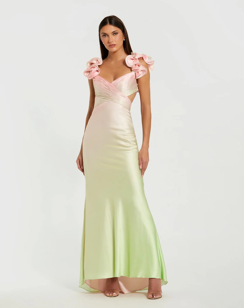 Mac Duggal Pink and Green Charmeuse Ruffle Strap Crossover Ombre Gown #68500